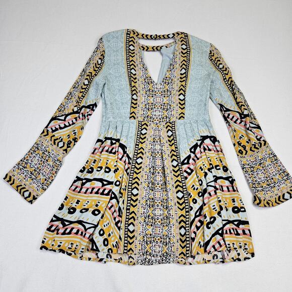 Free People Tegan Border Boho Mini Dress Floral Tunic Flowy Fairy Pockets Blue 4 - Picture 16 of 16